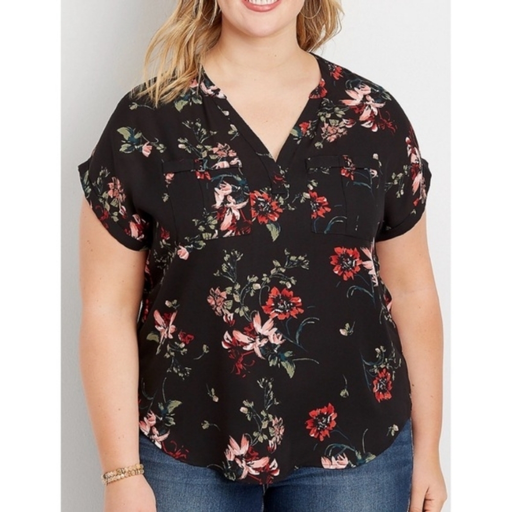 Maurices Popover Womens Plus Size Sheer Dark Floral V-neck Blouse Top Sz 0